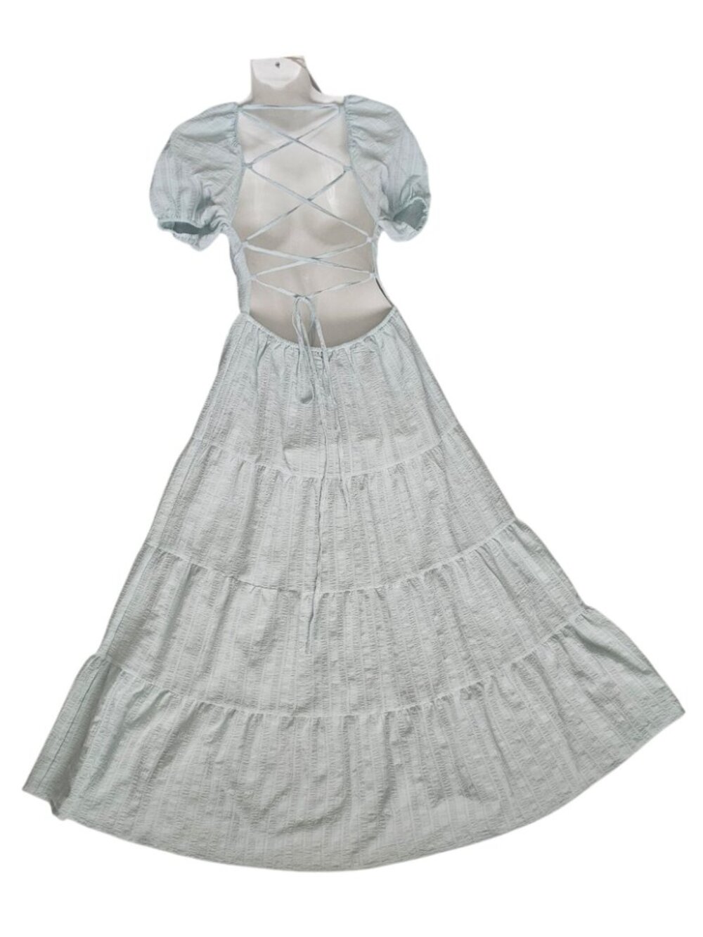 Forever 21 Puff Sleeve Crisscross Tie Back Tiered Skirt Maxi Dress Size Medium - Picture 4 of 13